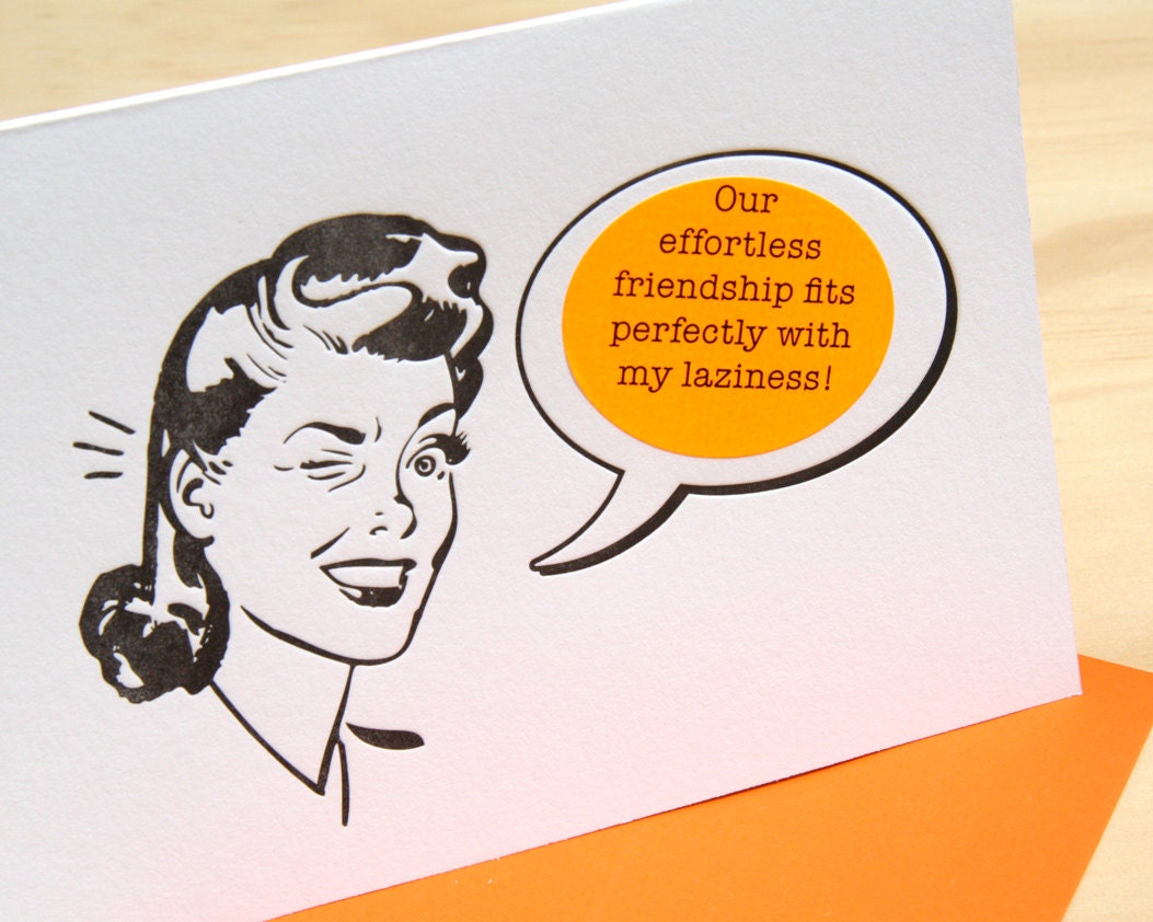 Retro Girl letterpress sticker card Mad Men style- neon orange stickers, charcoal black ink, choose a sticker for the occasion