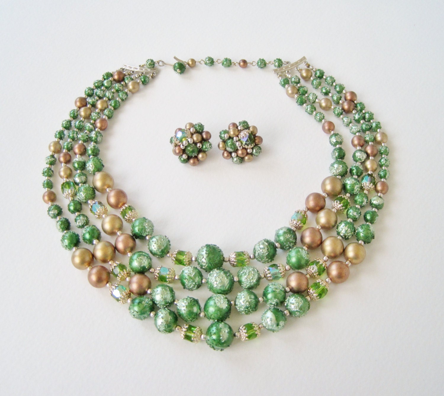 Vintage 60s Retro Kitsch Signed Japan Demi Parure Set Multi Four Strand Green Aurora Borealis Gold Copper Beaded Cluster Earrings Necklace