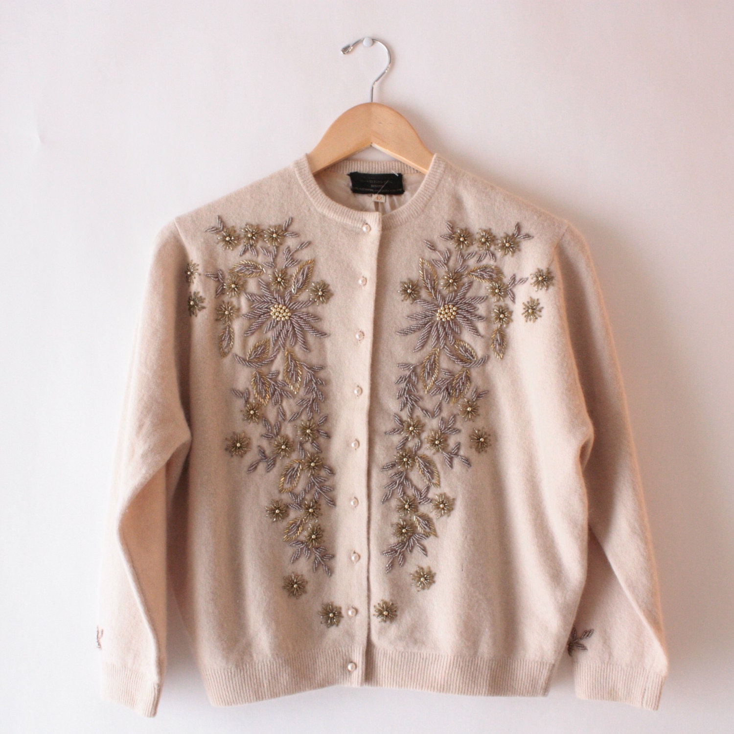 1950s champagne and gold angora beaded cardigan sweater