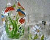 Hand painted bedside carafe with wildflowers and bluebirds, gift for mom, mothers day.