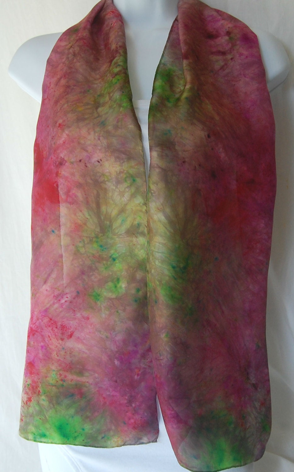 Hand Dyed Silk Scarf  - pink, mauve, chartreuce, green Silk hand painted Scarf Batik Style- Spash of Spring - Mother's Day