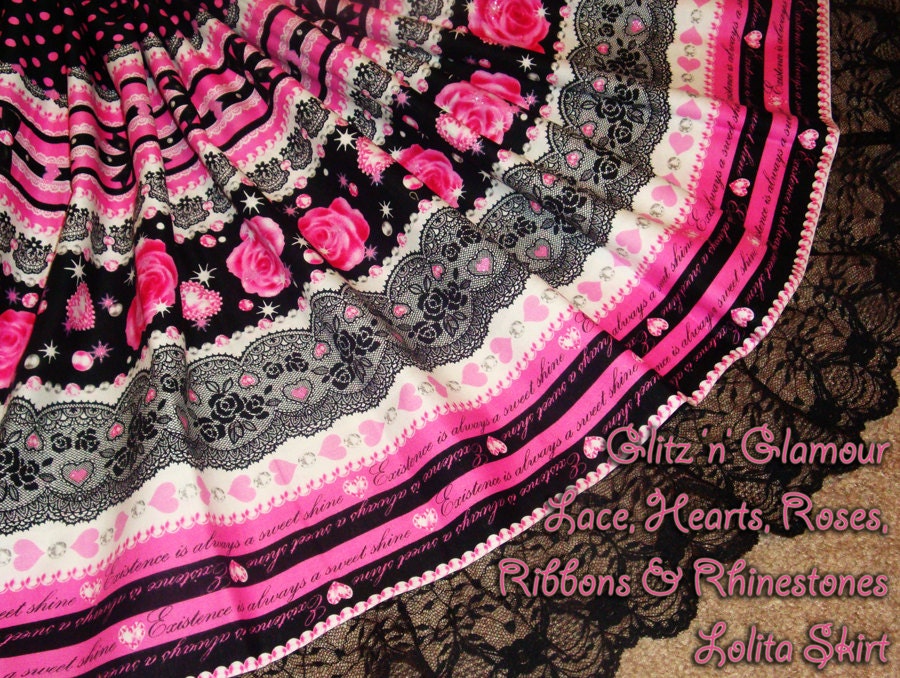 Glitz n Glamour Lace, Hearts, Roses, Ribbons & Rhinestones Lolita Skirt - ANY SIZE