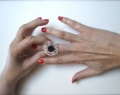Black Rose Flower Ring. sterling silver plated round filigree lace adjustable Ring, Statement/Boho/shabby chic/victorian/vintage style.