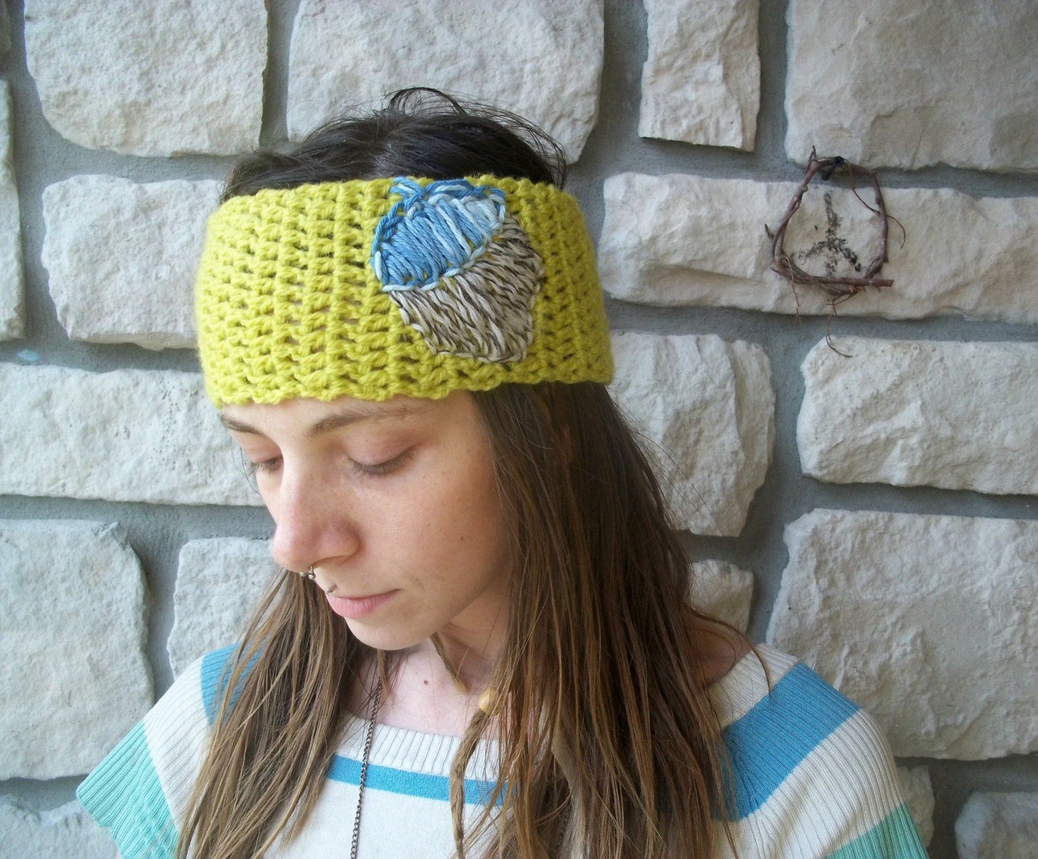 Chartreuse Green Wool Headband with embroidery Acorn / hippie woodland earwarmer headband