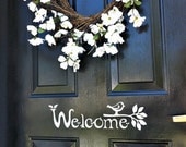 Welcome Sign Vinyl Front Door Decal with bird and branch