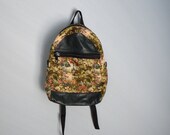 Vintage 80s Green Leather and Tapestry Floral Backpack  / medium