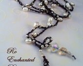 Pearl Wrap Necklace - Irish Waxed Linen Crochet, Boho Chic, Bohemian statement necklace, white pearls, crystals, Agates