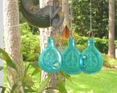 Peace Sign Embossed Slumped Vintage Wheaton  Miniature Bottles Glass Wind Chimes, Aqua Blue Carnival Glass Mobile