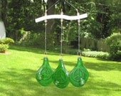 Green Peace Sign Embossed Slumped Vintage Wheaton  Miniature Bottles Glass Wind Chimes, Green Carnival Glass