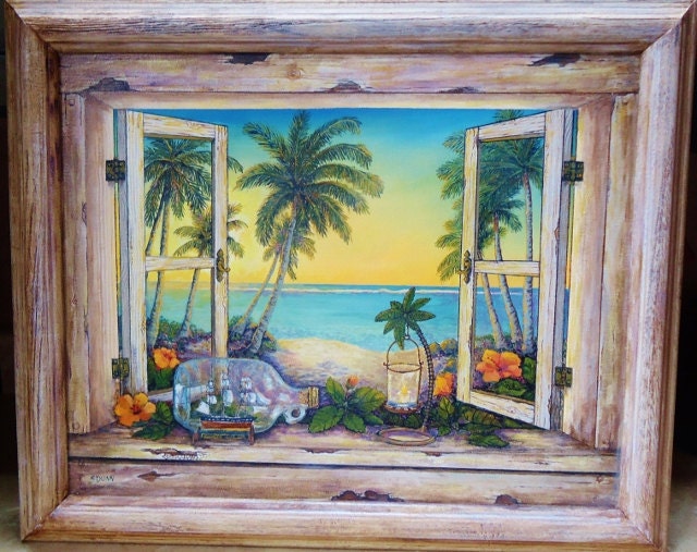 beach painting of a 16x20 tropical cottage window with palm trees, ship in a bottle, beach cabin art
