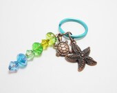 SALE Turtle and Starfish Nautical Copper Charm Keychain Swarovski Rondelles Bicones Beachy WAS 10.99