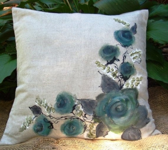 Hand painted  17'' pillow cover ( cherry blossom, roses, Sticks) - creativedesignsstore