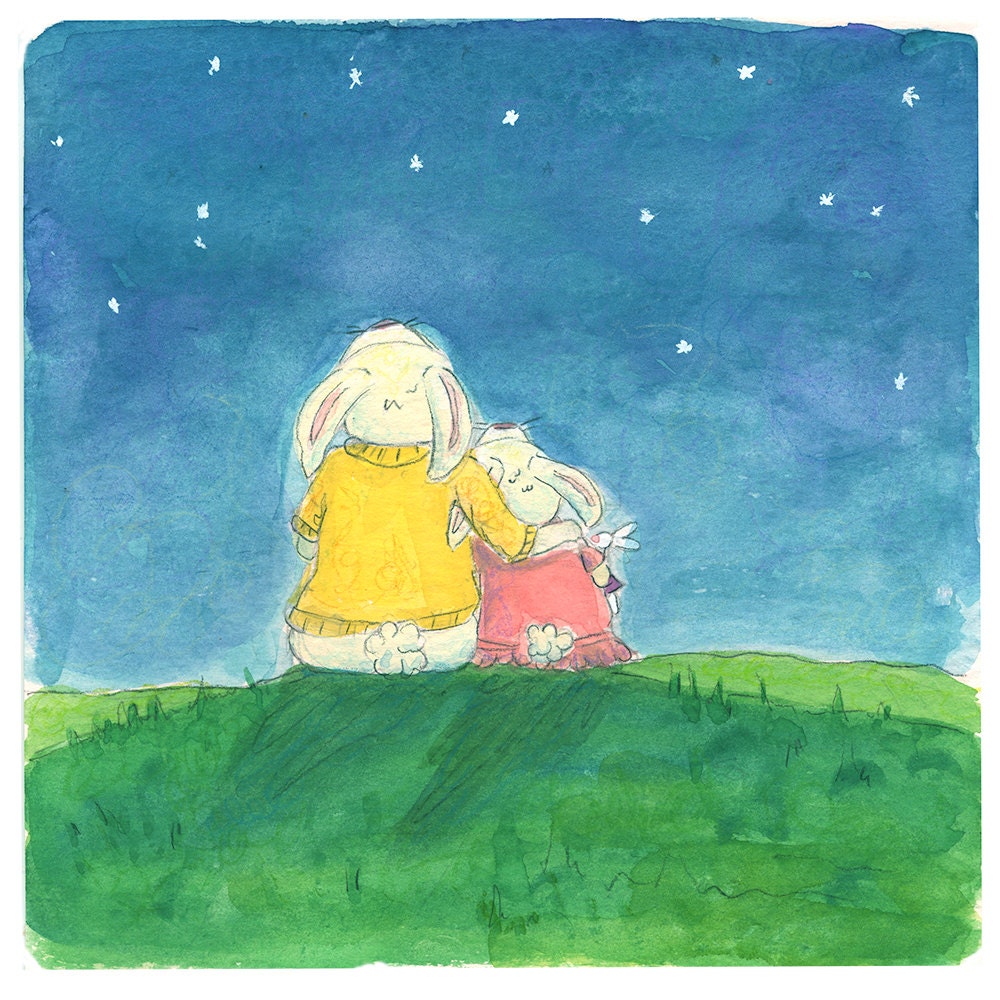 Mother and Daughter, Rabbit, Star Gazing, Night Sky, Bunny, Children's Art, New Baby, Nursery wall decor, Watercolor Print