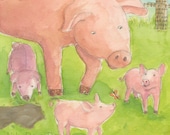 Mother and babies, Nursery Art, Pink, Pigs, Piglets, Farm animals, Butterfly, Watercolor painting, Digital Print