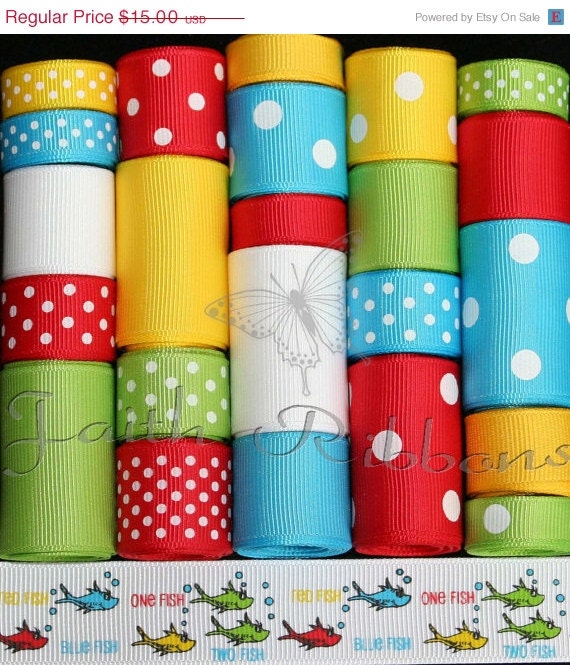 SPRING SALE Grosgrain Ribbon Lot MIx 24YDS Dr. Seuss 1 Fish 2 Fish One Two Apple Green Red Yellow Turquoise White