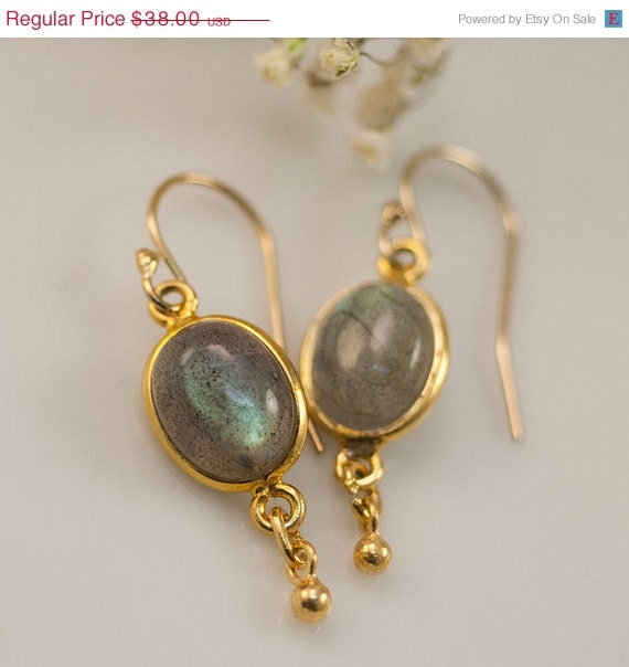 CLEARANCE - Cabochon Labradorite Earrings - Petite Gold Labradorite Earrings - Gemstone Earrings -
