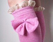 SALE Sweet Heart Pink Lacey Girlie Legwarmers Boot Toppers With Bows