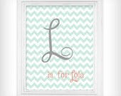 Personalized Initial and Name Nursery Art Print 8x10 - Teal Blue, Coral and Gray - Lola