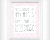 He Is Mighty To Save Scripture Verse - 8x10 Art Print Zeph 3:17 - Pink Damask with Gray Text
