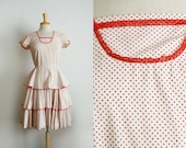 1970s or 60s swiss dot tiered ruffled dress in red and white, size medium