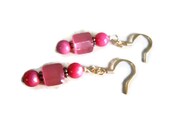 Pink Earrings, Ecofriendly Earrings, Copper Earrings, Dark Fuchsia Mother of Pearl Shell Earrings, Rose Pink Cats Eye Beaded Jewelry