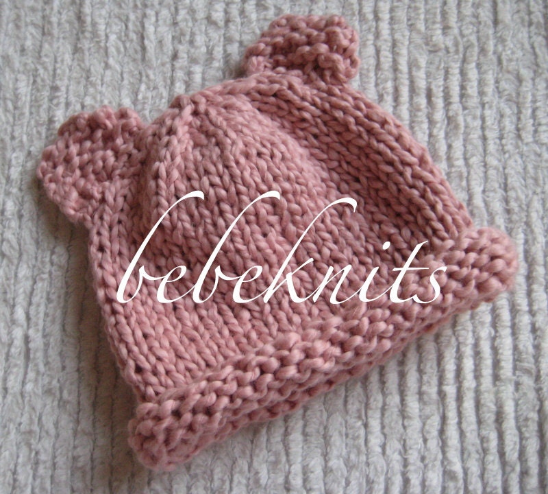 Hand Knit Organic Cotton Pink Teddy Bear Hat
