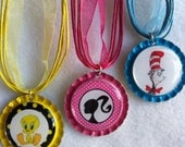 Whimsical  bottle cap with  ribbon strand necklace