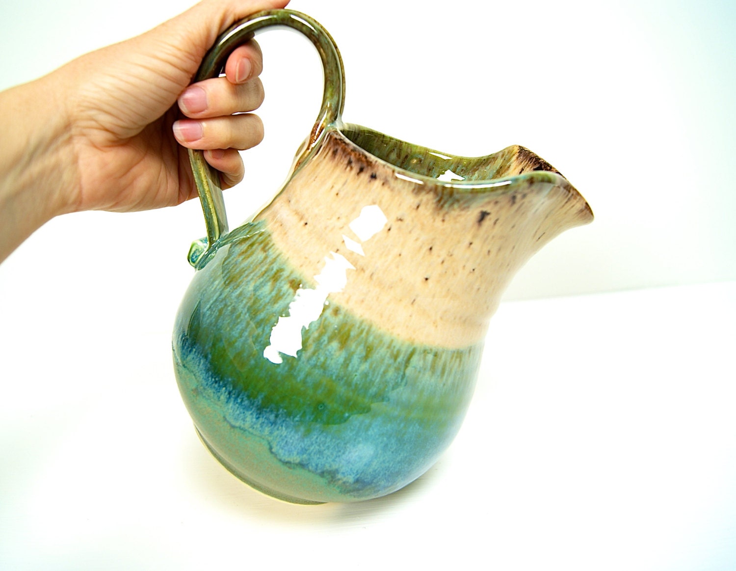 Pitcher / One-of-a-Kind Water Pitcher / Made to Order / Handmade Pottery / Green Brown Cream