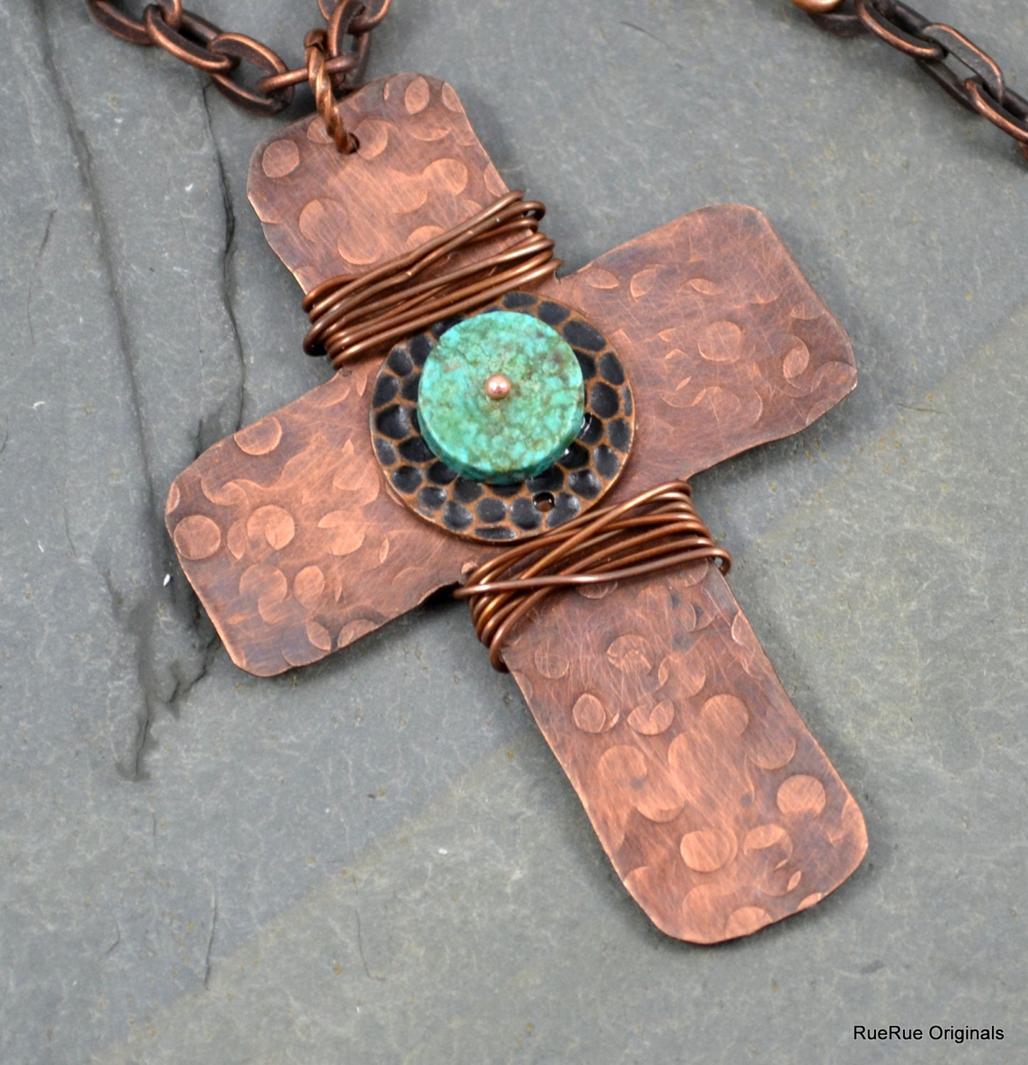 Hand Forged Copper Cross with Turquoise Center Necklace - Vintage Inspired and Repurposed Handmade Jewelry