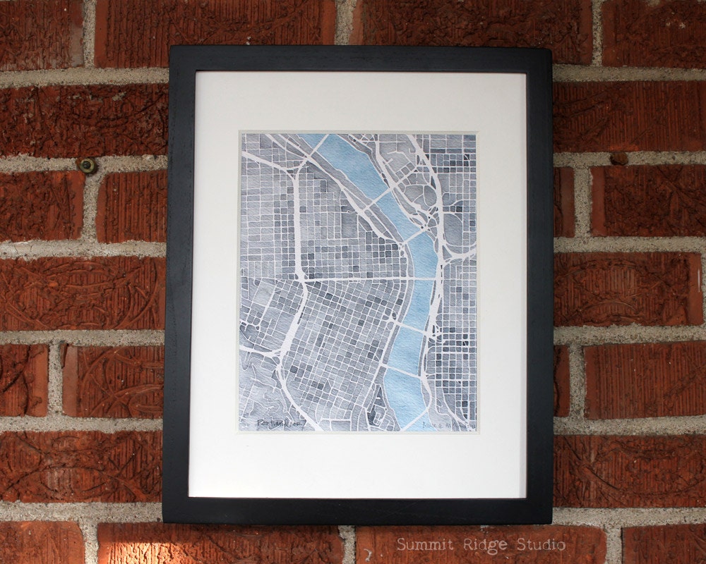 10x8 Print Portland Oregon watercolor map decor white gray and turquoise
