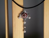 White and silver pendant with brown eyeball necklace ususual jewelry faux pearl victorian style necklace macabre jewelry necklace
