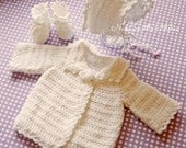 Crochet Baby Girls Sweater, Bonnet, Booties, Heirloom Quality, Newborn, 0 to 3 months  by nana'slittlestitches ready to ship.