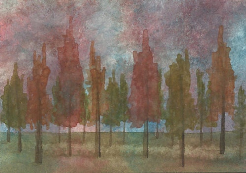 Trees at Dusk, Original ACEO, Artist Trading Card, ATC. Watercolors