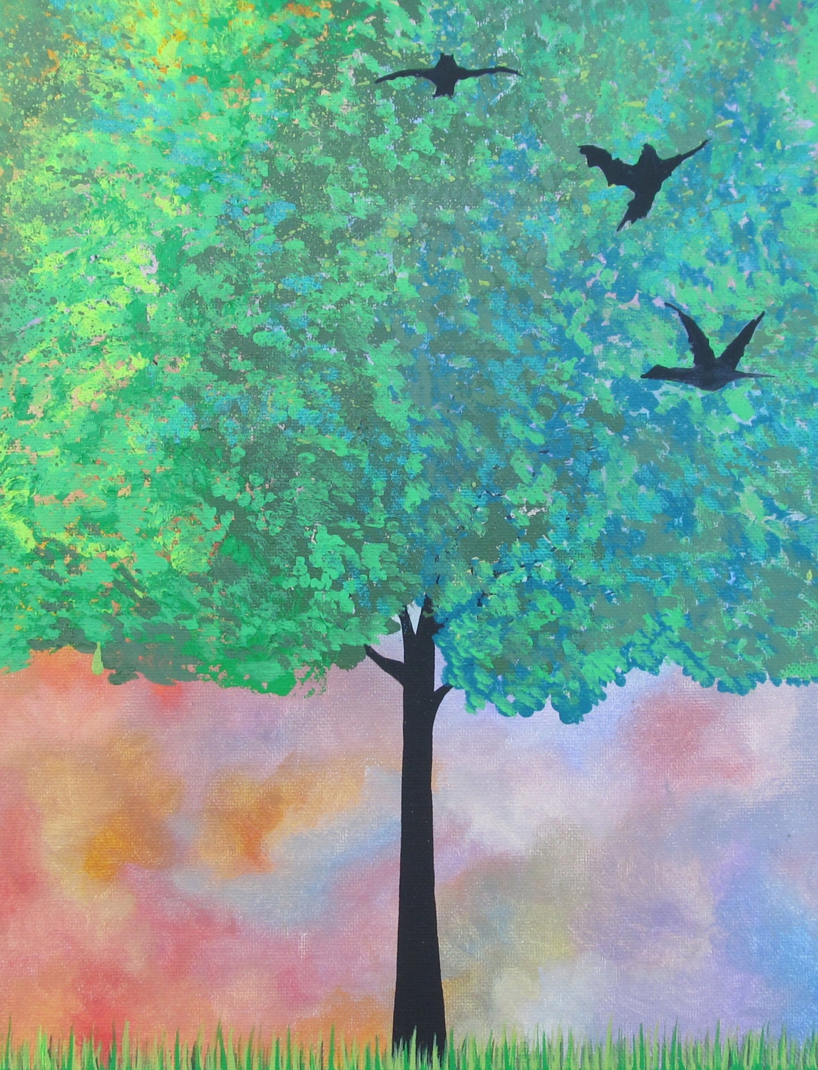 3 Birds - Original Acrylic Painting on Stretched Canvas.  Tree, Sky, Colorful, Leaves. Flying