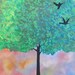 3 Birds - Original Acrylic Painting on Stretched Canvas.  Tree, Sky, Colorful, Leaves. Flying