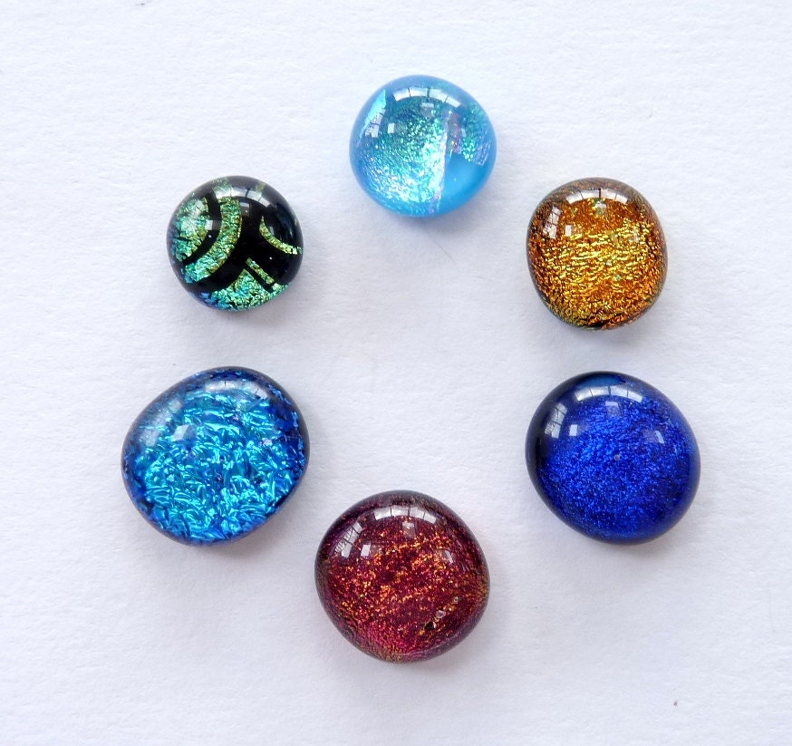 Fused dichroic glass cabochons, 6 multicoloured dichroic glass cabs for jewelry making and crafting
