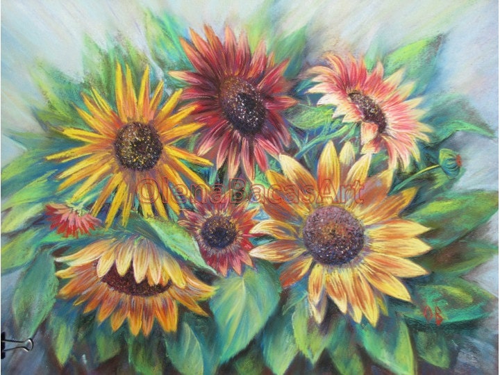 Sunflowers ORIGINAL Large Pastel Flower Floral Still Life Yellow Red Blue Green Painting SALE