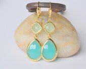 Large Turquoise Teardrop and Mint Diamond Stone Dangle Bridesmaid Earrings in Gold.  Glass Drop Earrings. Turquoise Dangle Earrings.