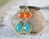 Large Turquoise Teardrop and Burnt Orange Jewel Dangle Earrings. Summer Fashion Earrings. Tangerine Orange Earrings. Free Shipping.