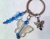 Cute frosted butterfly keychain with aqua blue crystals ,keyring ,pursepull