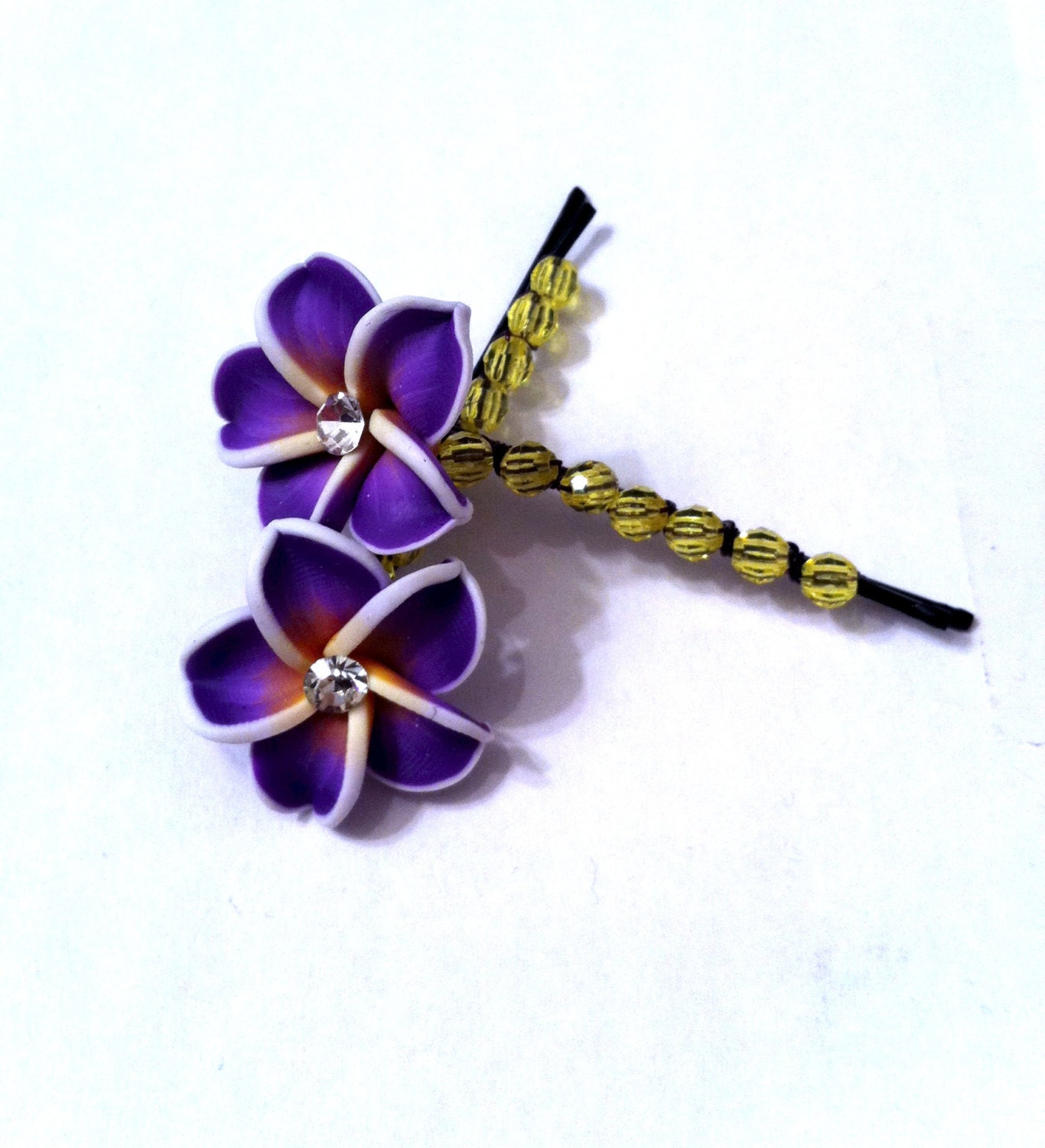 Purple and yellow polymer clay flowers wire wrapped Bobby pins
