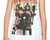 Kiss Band Hard Heavy Metal Rock Band Screen Print Tank Top Women White Shirt Tunic Top Vest Sleeveless Women Mini Dress Size S - IZWT111