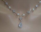 Bridal Necklace Swarovski Crystal and Pearl Rhinestone Pear Pendant, The Sandra