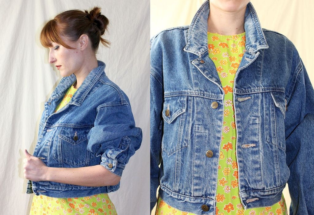 ViNtAgE 80s DENIM JACKET light stone wash cropped jean jacket coat UNISEX - c740