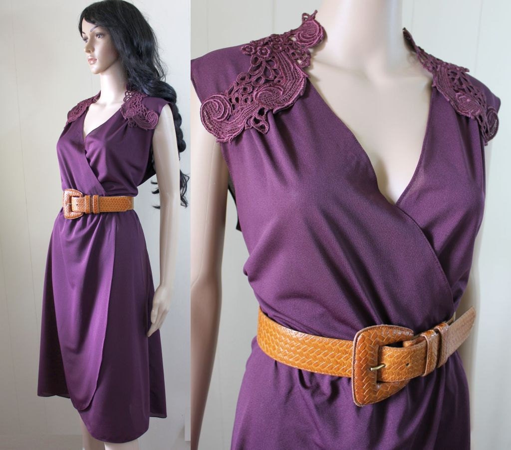 vintage 70s plum SECRETARY DRESS sheer lace romance plunging neck // L-XL c1027