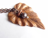 copper leaf necklace woodland jewelry long chain - EclecticBead