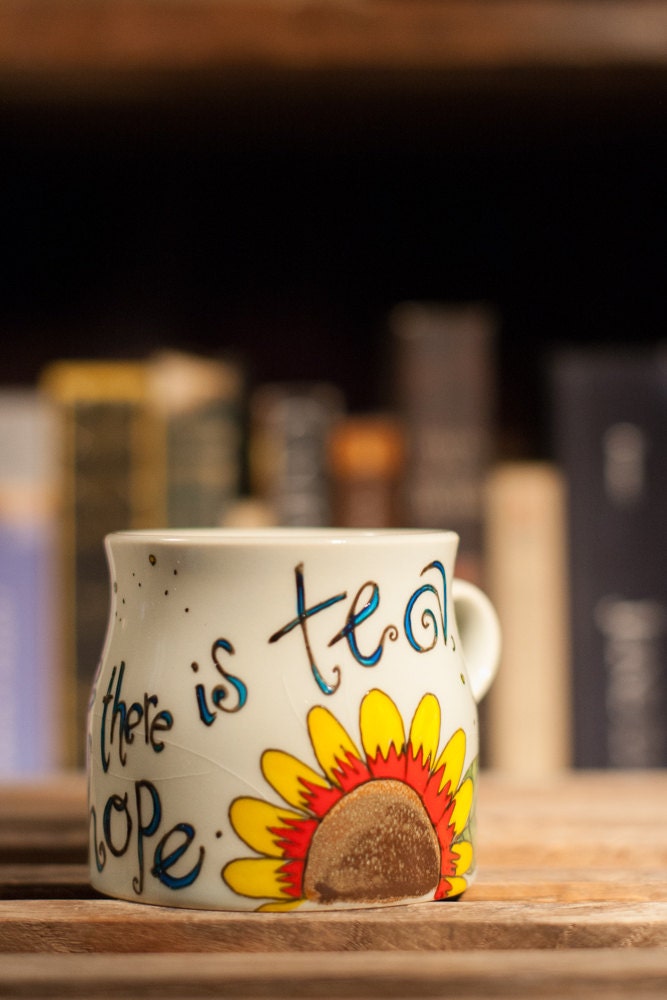 Hand painted "Where there is tea, there is hope" Mug - Very small, Japanese pottery teacup with hand painted flowers