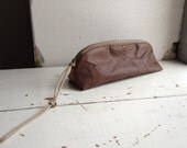 Chocolate Leather Zip Pouch with Crumpled Effect - Pencil Case or Cosmetic Case.  Lined. Ready to Ship
