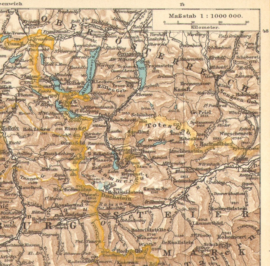 1905 Antique Dated Map of Salzburg and Salzkammergut, Austria - CabinetOfTreasures