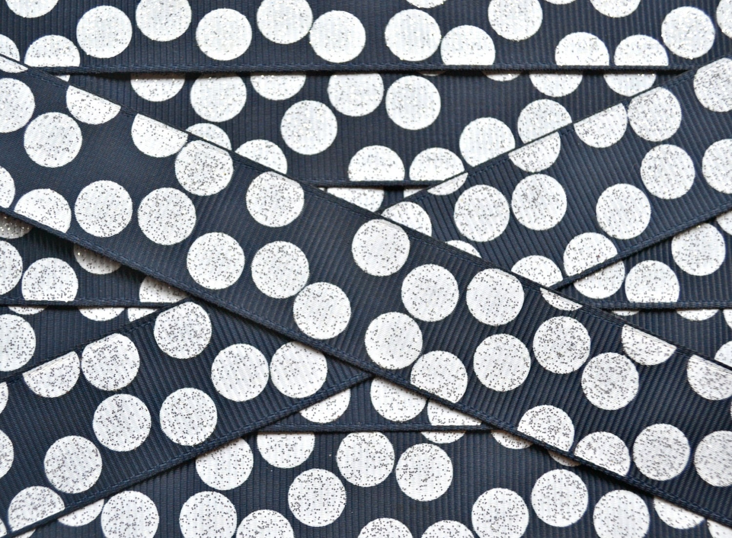 White sparkle silly dots printed on navy blue 7/8"  grosgrain ribbon- Gorgeous in person